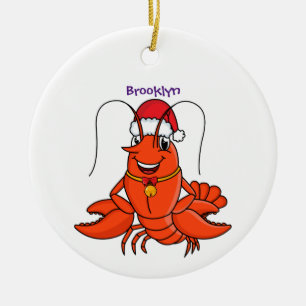 Cute happy lobster wearing Christmas hat cartoon Ceramic Ornament