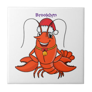 Cute happy lobster wearing Christmas hat cartoon Ceramic Tile