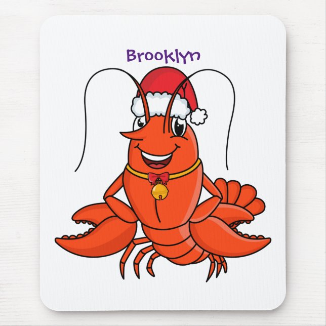 Cute happy lobster wearing Christmas hat cartoon Mouse Pad (Front)