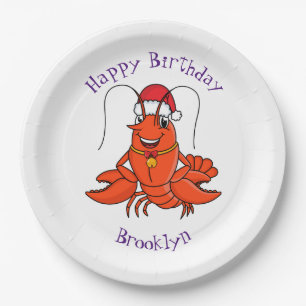Cute happy lobster wearing Christmas hat cartoon Paper Plate