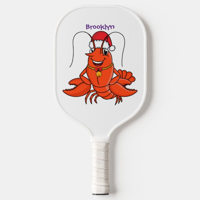 Cute happy lobster wearing Christmas hat cartoon Pickleball Paddle (Front)