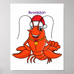 Cute happy lobster wearing Christmas hat cartoon Poster
