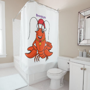Cute happy lobster wearing Christmas hat cartoon Shower Curtain