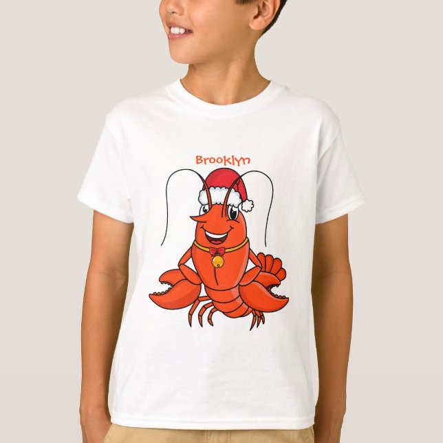 Cute happy lobster wearing Christmas hat cartoon T-Shirt (Front)