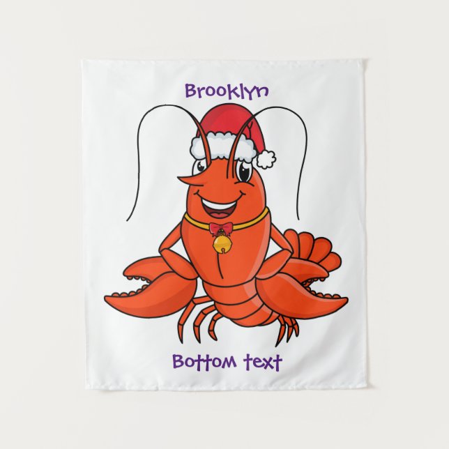 Cute happy lobster wearing Christmas hat cartoon Tapestry (Front)