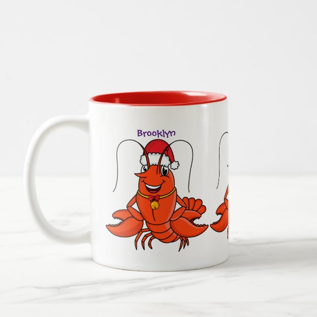 Cute happy lobster wearing Christmas hat cartoon Two-Tone Coffee Mug (Left)