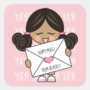 Cute Happy Mail Dark Hair Skin Girl Pink Heart Square Sticker