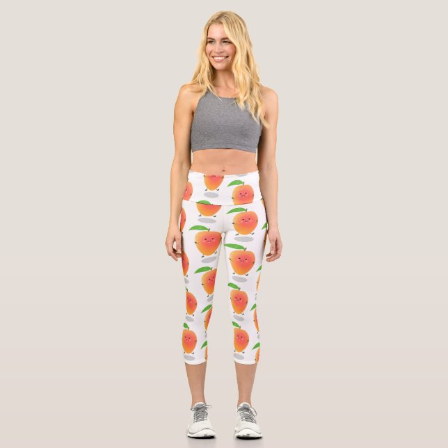 Cute happy mango yellow cartoon illustration capri leggings (Front)