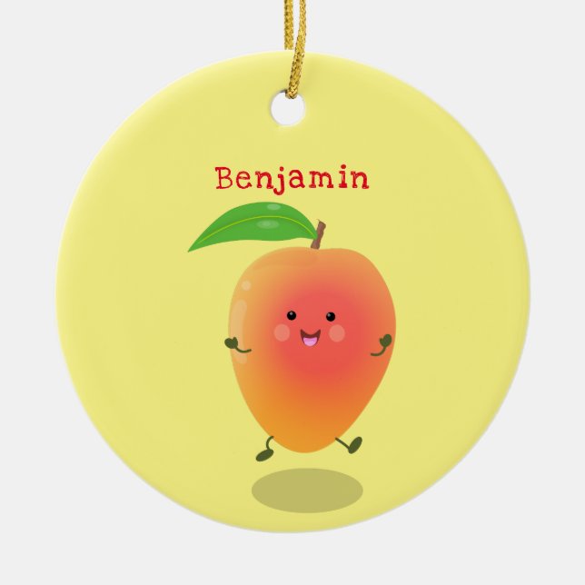 Cute happy mango yellow cartoon illustration ceramic ornament (Front)