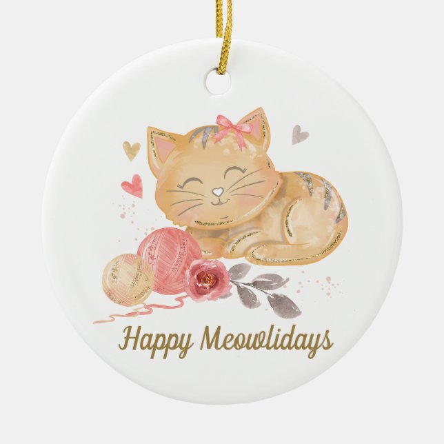 Cute Happy Mewolidays Cat Ceramic Ornament (Front)