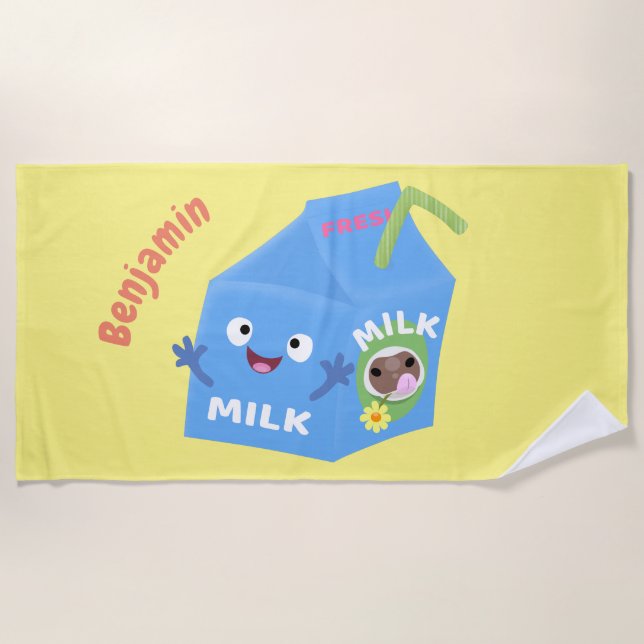 Cute happy milk carton character cartoon beach towel (Front)