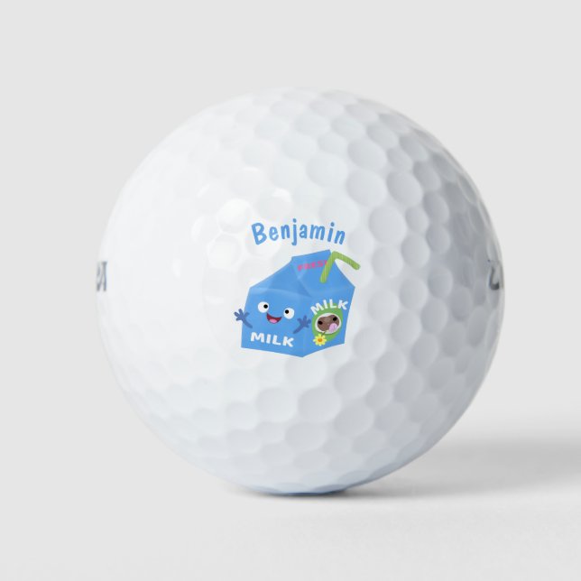 Cute happy milk carton character cartoon golf balls (Front)