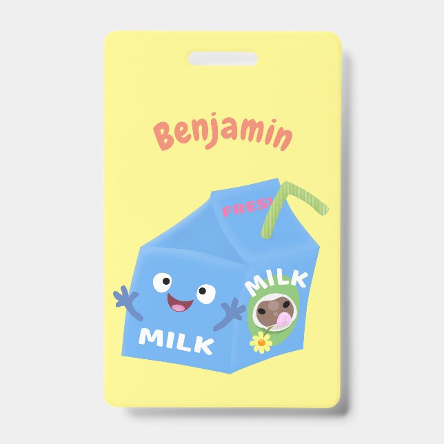 Cute happy milk carton character cartoon ID badge (Front)