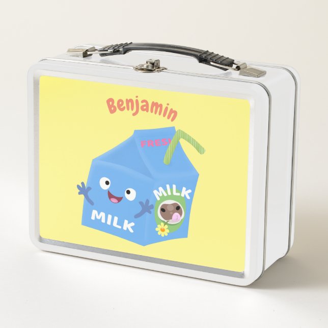 Cute happy milk carton character cartoon metal lunch box (Front)