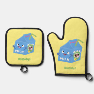 Cute happy milk carton character cartoon oven mitt & pot holder set