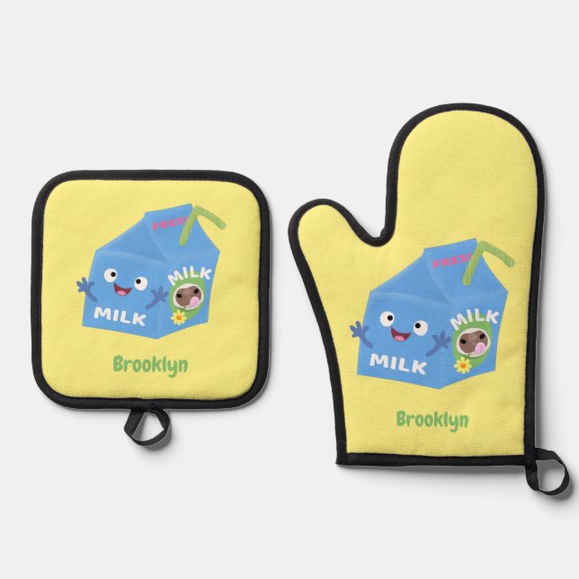 Cute happy milk carton character cartoon oven mitt & pot holder set (Front)