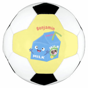 Cute happy milk carton character cartoon soccer ball