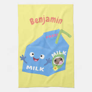 Cute happy milk carton character cartoon tea towel