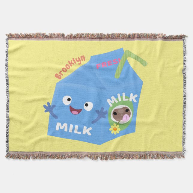 Cute happy milk carton character cartoon throw blanket (Front)