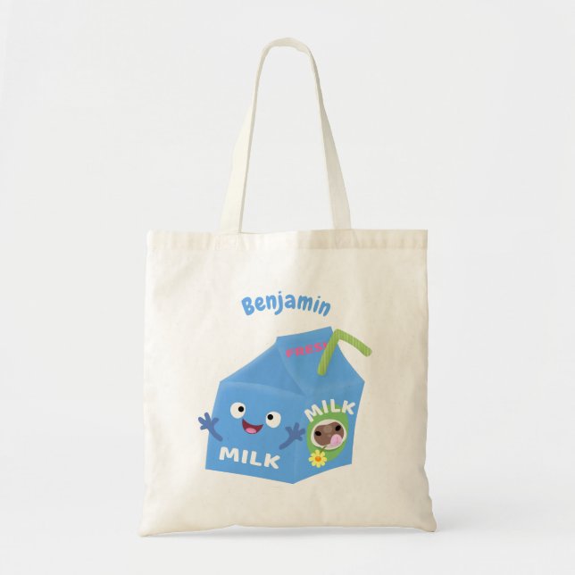 Cute happy milk carton character cartoon tote bag (Front)