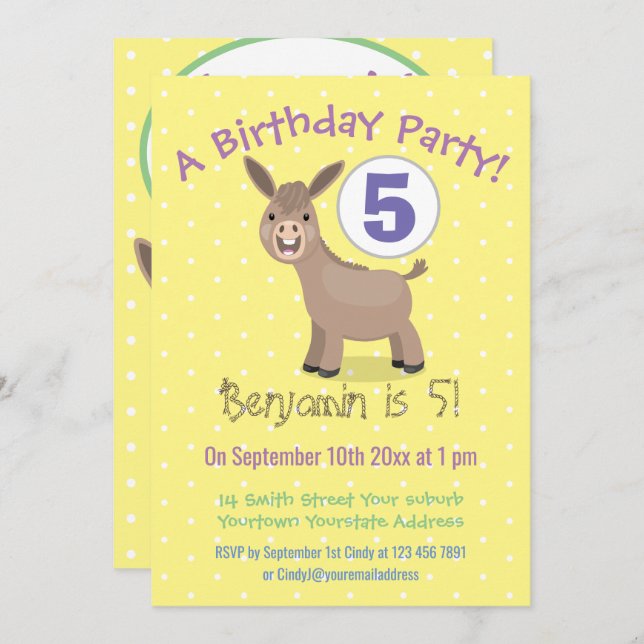 Cute happy mini donkey cartoon illustration invitation (Front/Back)