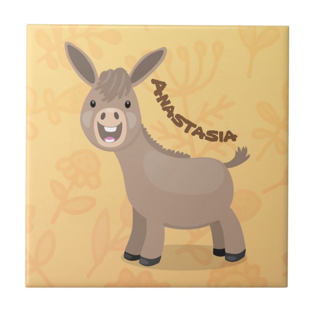 Cute happy miniature donkey cartoon illustration ceramic tile (Front)
