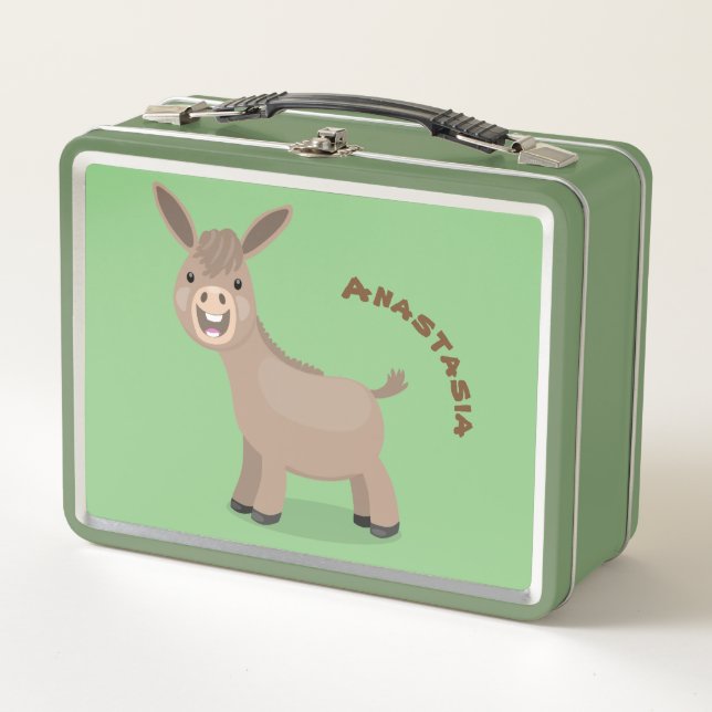 Cute happy miniature donkey cartoon illustration metal lunch box (Front)