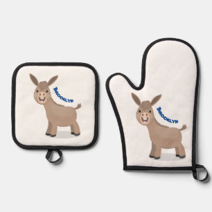 Cute happy miniature donkey cartoon illustration oven mitt & pot holder set