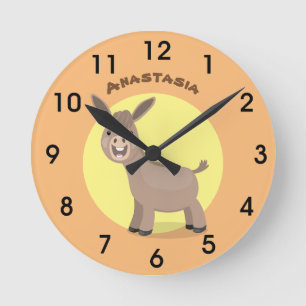 Cute happy miniature donkey cartoon illustration round clock