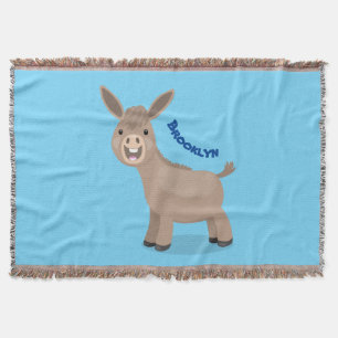 Cute happy miniature donkey cartoon illustration throw blanket