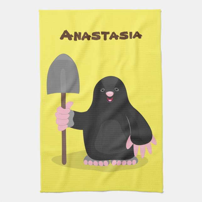 Cute happy mole cartoon illustration tea towel (Vertical)