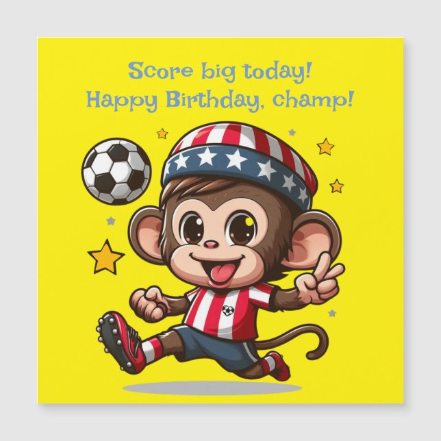Cute Happy Monkey Soccer Player Magnetic Card (Front)