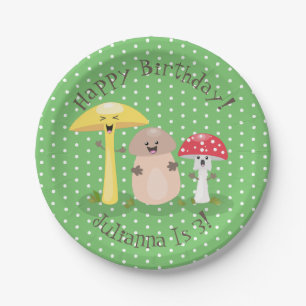 Cute happy mushroom fungi cartoon illustration paper plate