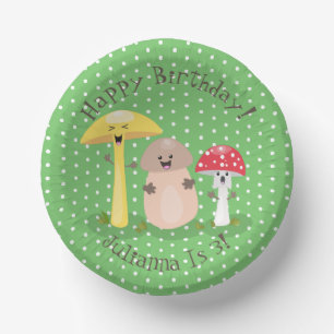 Cute happy mushroom fungi cartoon illustration paper plate