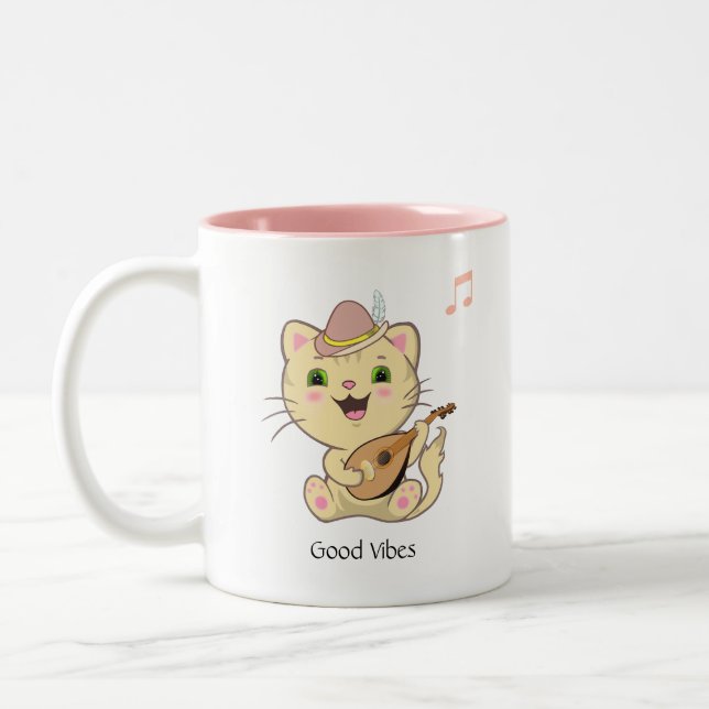 Cute Happy Musical Ginger Tabby Cat  Two-Tone Coffee Mug (Left)