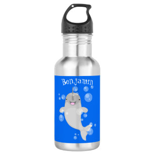 Cute happy narwhal bubbles cartoon illustration 532 ml water bottle