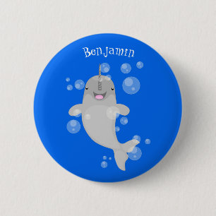 Cute happy narwhal bubbles cartoon illustration 6 cm round badge