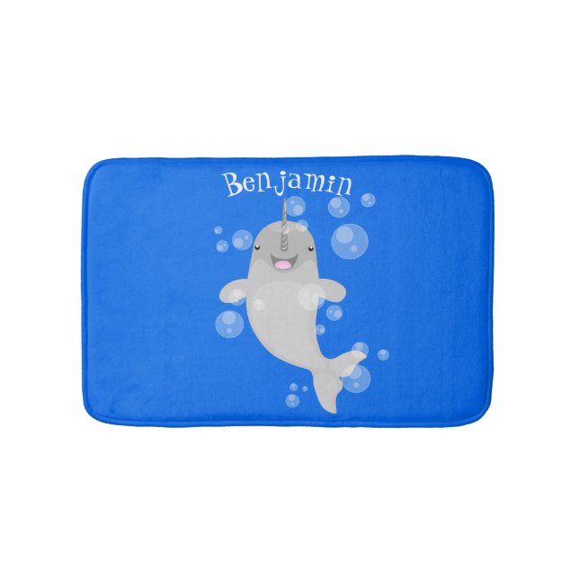 Cute happy narwhal bubbles cartoon illustration bath mat (Front)