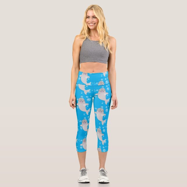 Cute happy narwhal bubbles cartoon illustration capri leggings (Front)