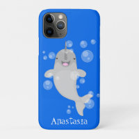 Cute happy narwhal bubbles cartoon illustration