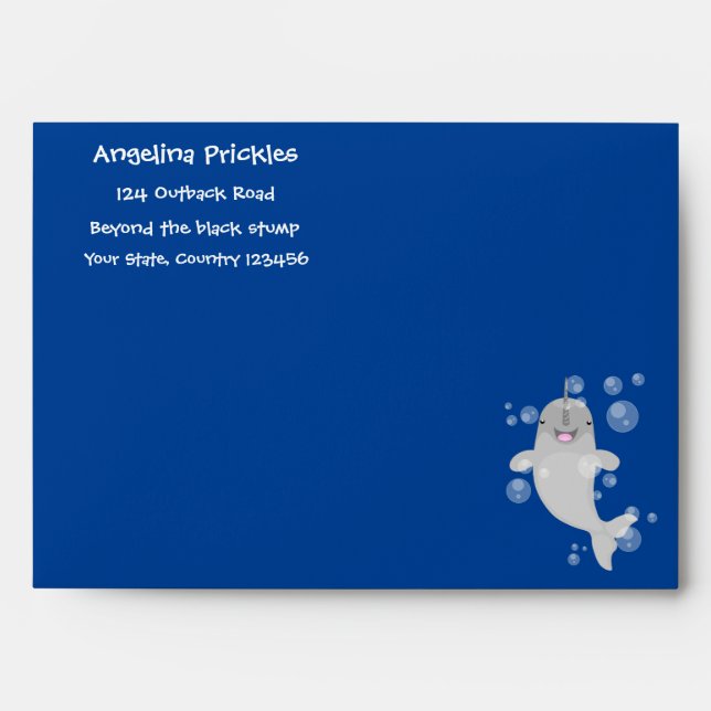 Cute happy narwhal bubbles cartoon illustration envelope (Front)