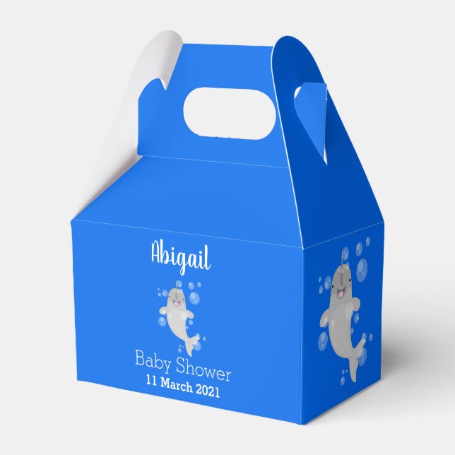 Cute happy narwhal bubbles cartoon illustration favour box (Front Side)