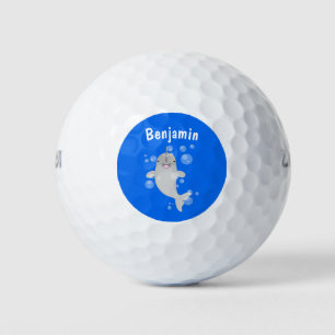 Cute happy narwhal bubbles cartoon illustration golf balls