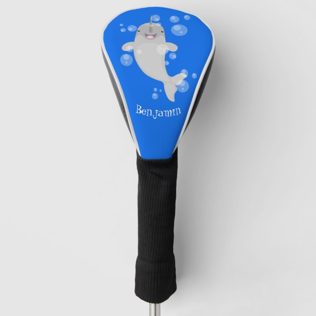 Cute happy narwhal bubbles cartoon illustration golf head cover (Front)