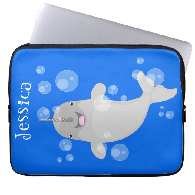 Cute happy narwhal bubbles cartoon illustration laptop sleeve (Front)