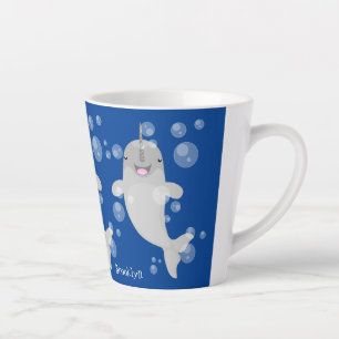 Cute happy narwhal bubbles cartoon illustration latte mug