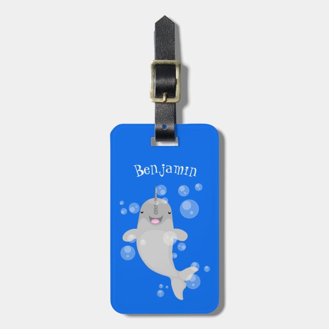Cute happy narwhal bubbles cartoon illustration luggage tag (Front Vertical)