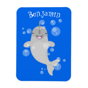 Cute happy narwhal bubbles cartoon illustration magnet