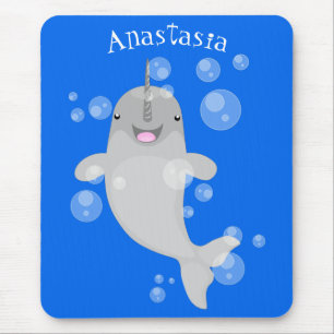Cute happy narwhal bubbles cartoon illustration mouse pad