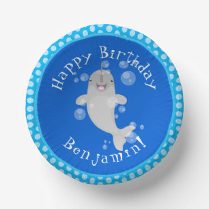 Cute happy narwhal bubbles cartoon illustration paper plate